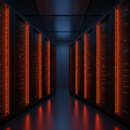 Dark data center corridor lined with server racks featuring glowing red-orange LED accents and reflective floor