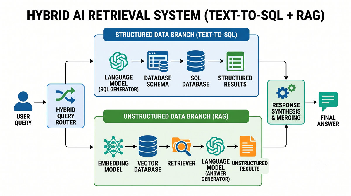Architecture diagram of the JKN Tech hybrid AI retrieval system: a natural-language query enters a Context and Intent Router, which dispatches to Text-to-SQL, RAG, or both in parallel, before a grounded synthesis engine produces the final answer.