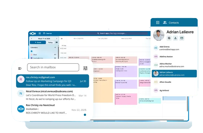 Nextcloud groupware interface showing calendar, mail, contacts, and collaborative tools