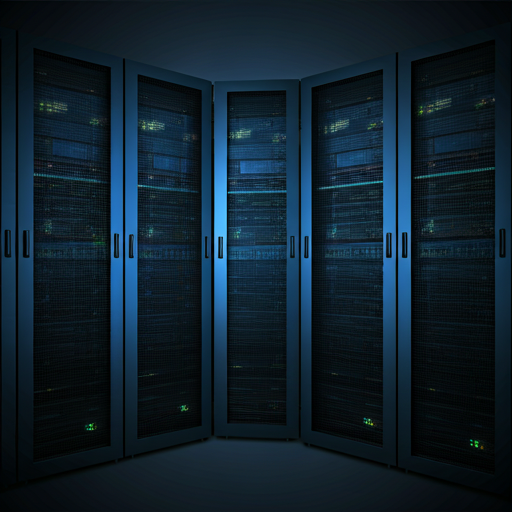 Dark server room with glowing lights